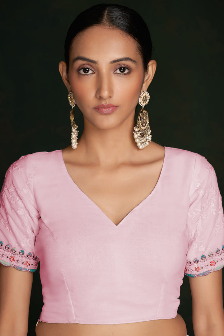 Classic Pink Georgette Saree With Delicate Lucknowi Work