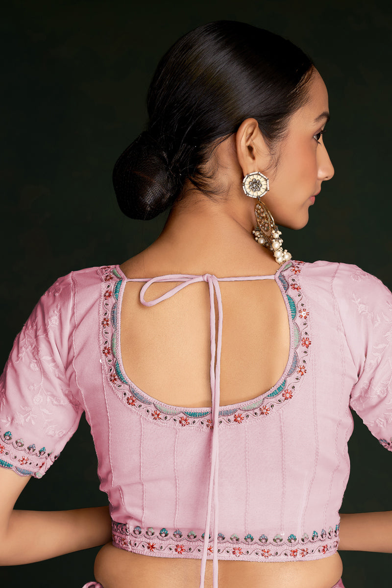 Classic Pink Georgette Saree With Delicate Lucknowi Work
