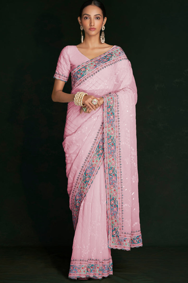 Classic Pink Georgette Saree With Delicate Lucknowi Work
