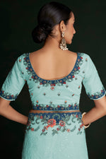 Load image into Gallery viewer, Bold Cyan Georgette Saree With Exquisite Lucknowi Work
