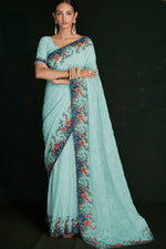 Load image into Gallery viewer, Bold Cyan Georgette Saree With Exquisite Lucknowi Work
