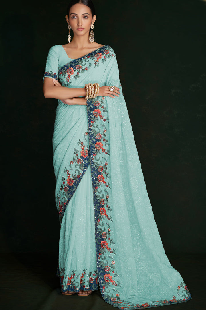 Bold Cyan Georgette Saree With Exquisite Lucknowi Work