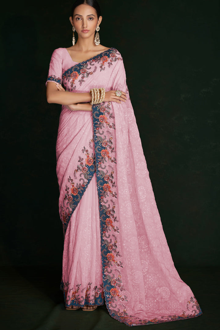 Glamorous Pink Georgette Saree With Lucknowi Work