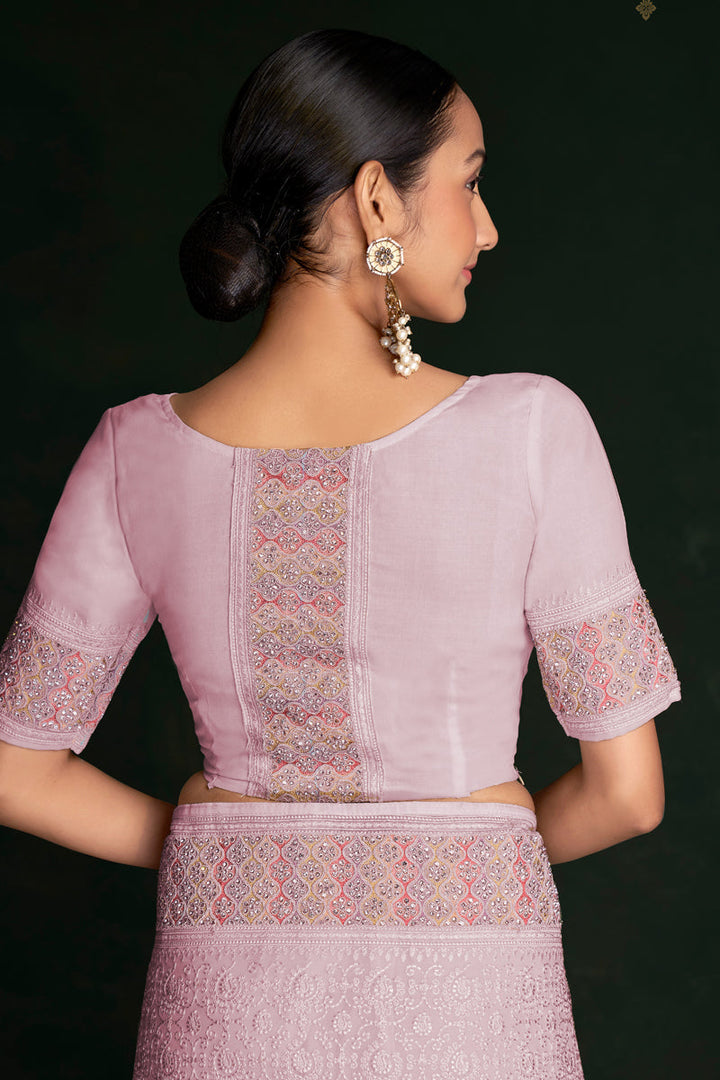 Elegant Pink Georgette Saree With Intricate Lucknowi Work