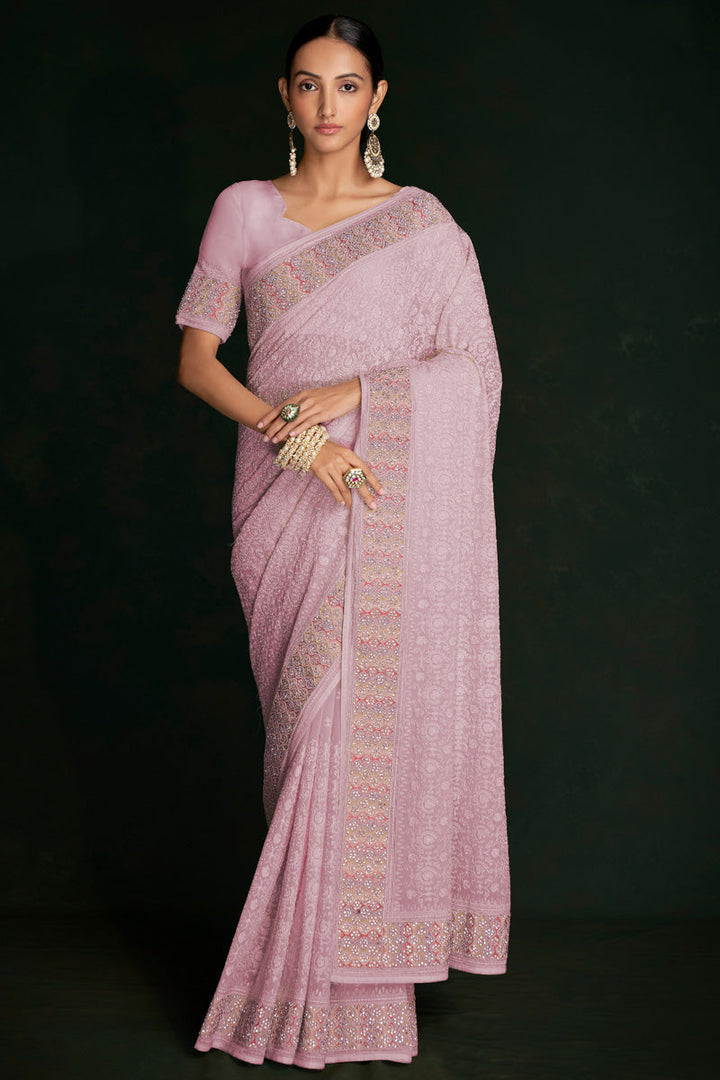 Elegant Pink Georgette Saree With Intricate Lucknowi Work