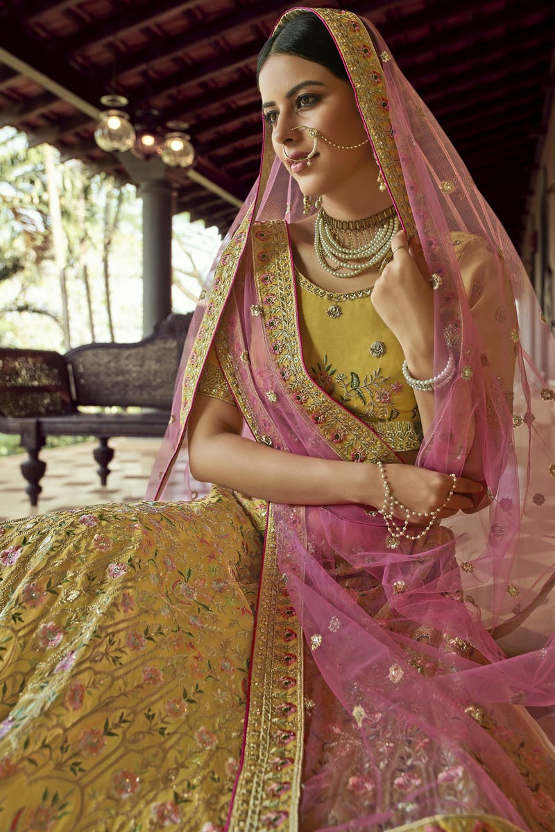 Trendy Yellow Color Organza Fabric Reception Wear Lehenga Choli