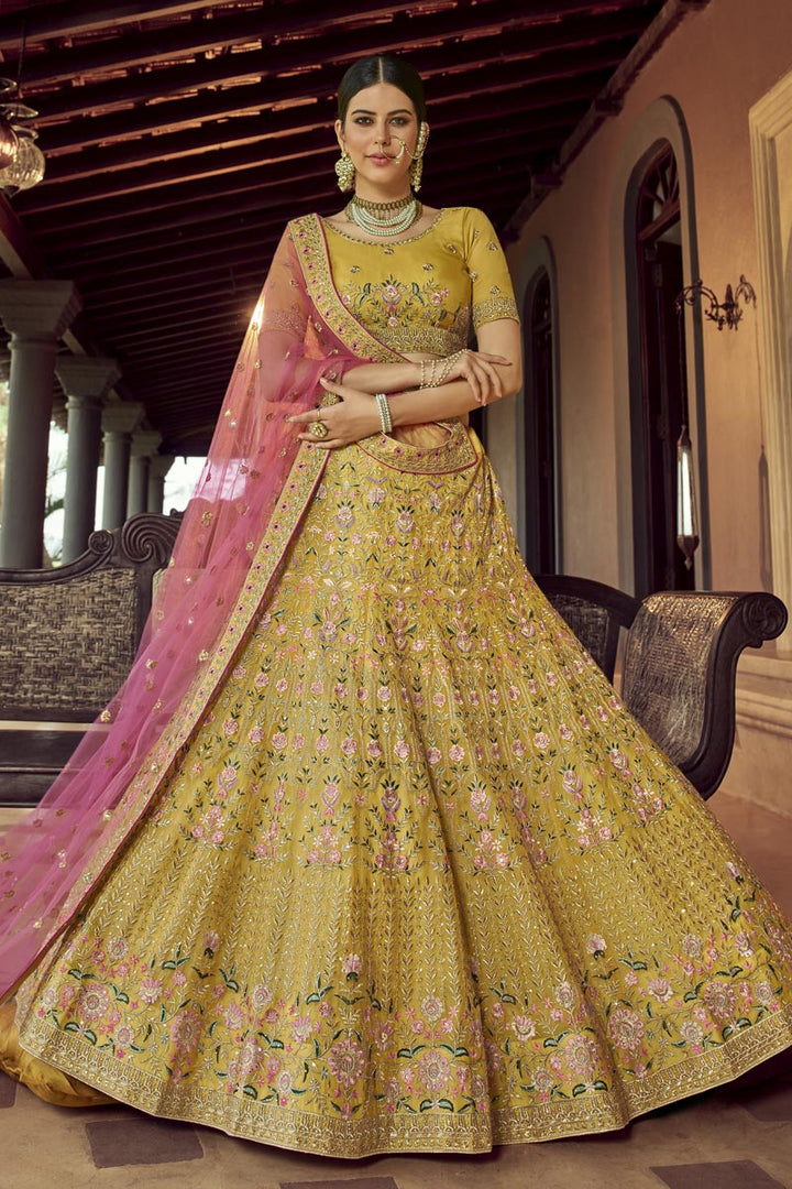 Trendy Yellow Color Organza Fabric Reception Wear Lehenga Choli