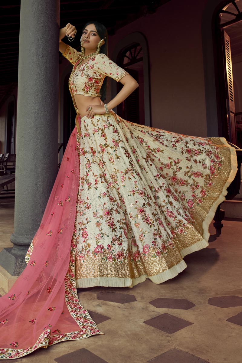 Sangeet Wear Beige Color Georgette Fabric Designer Lehenga Choli