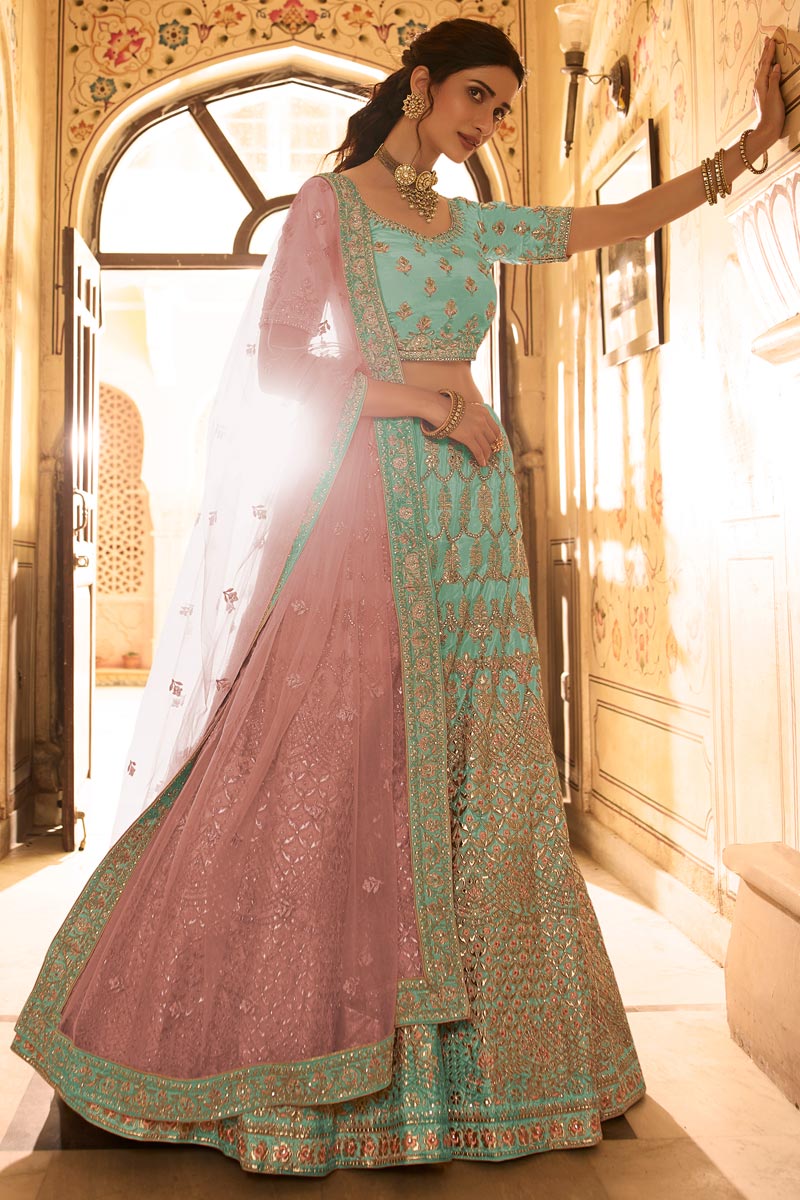 Beautiful Cyan Color Lehenga With Embroidered Work