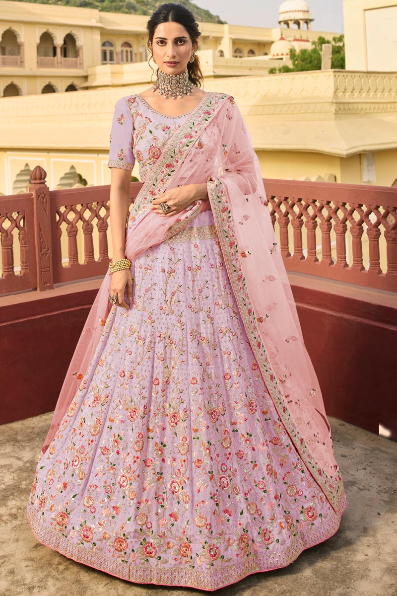 Lavender Color Function Wear Designer Lehenga In Organza Fabric