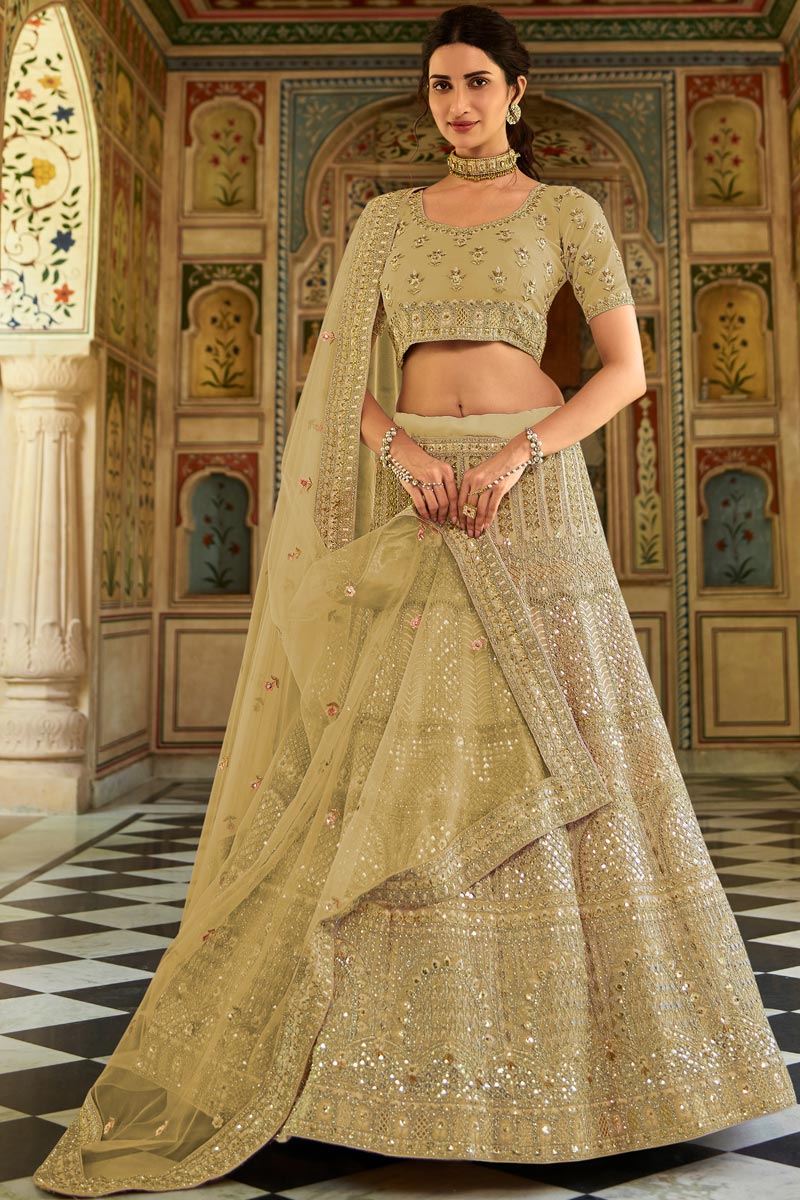 Function Wear Designer Organza Fabric Lehenga In Beige Color
