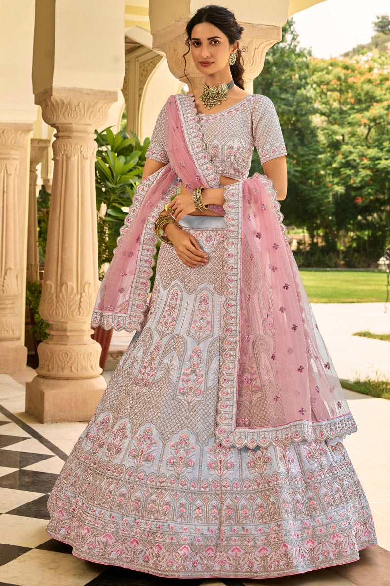Beautiful Light Cyan Color Crepe Fabric Lehenga