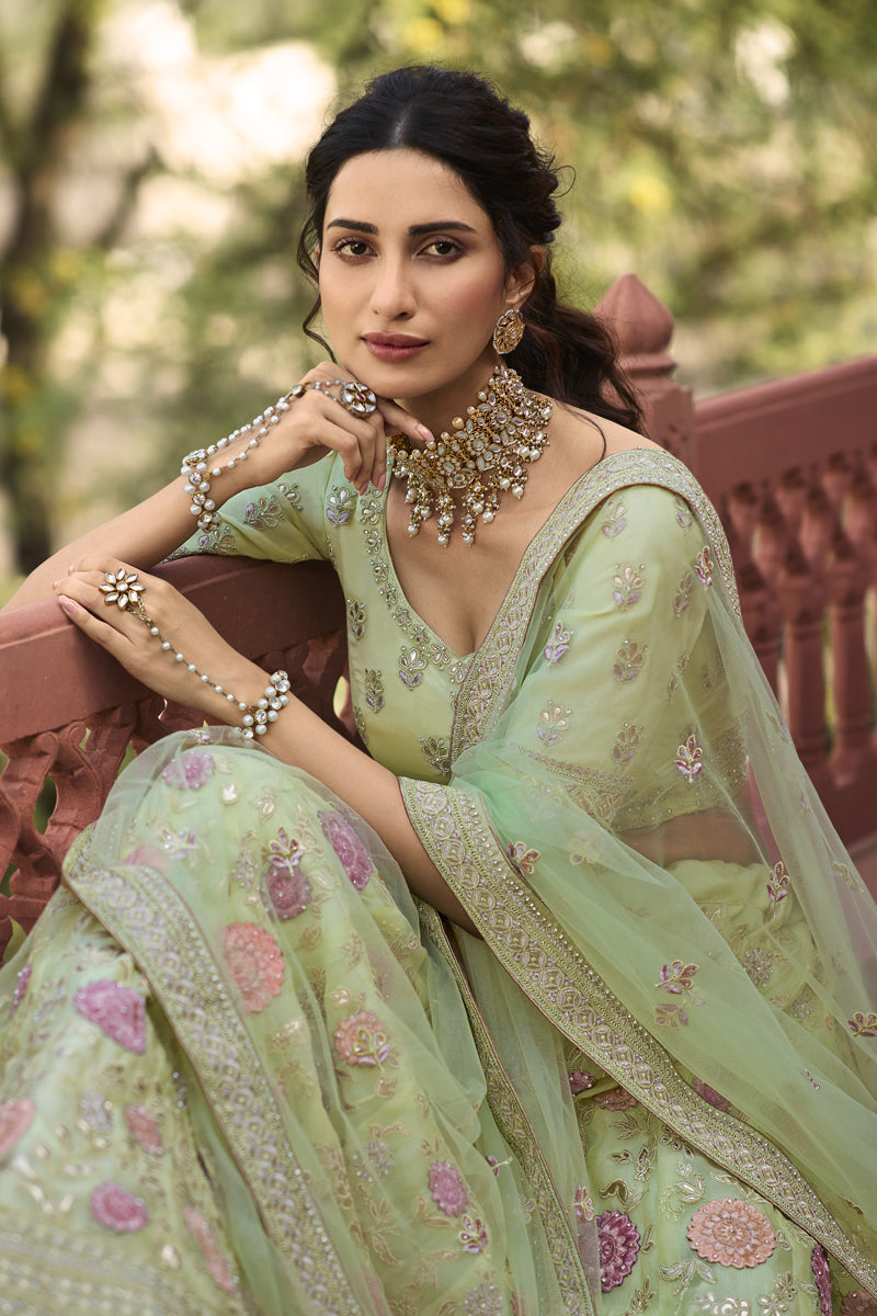 Organza Fabric Embroidered Wedding Wear Lehenga Choli In Sea Green Color