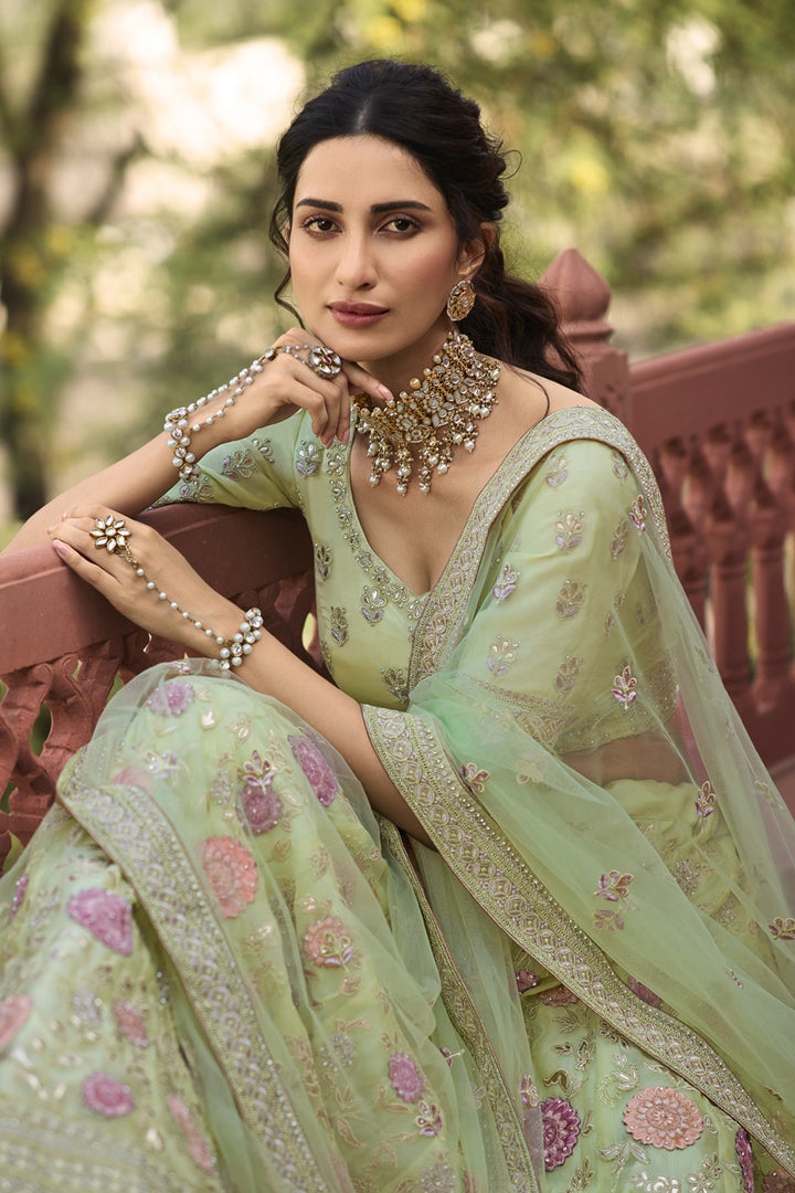 Organza Fabric Embroidered Wedding Wear Lehenga Choli In Sea Green Color