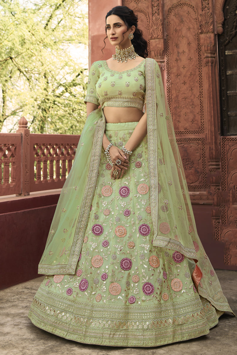 Organza Fabric Embroidered Wedding Wear Lehenga Choli In Sea Green Color