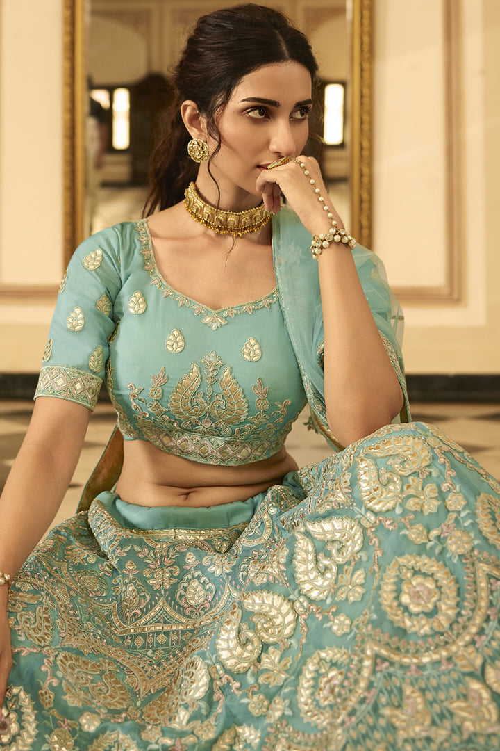 Cyan Color Organza Fabric Heavy Embroidered Wedding Wear Lehenga Choli
