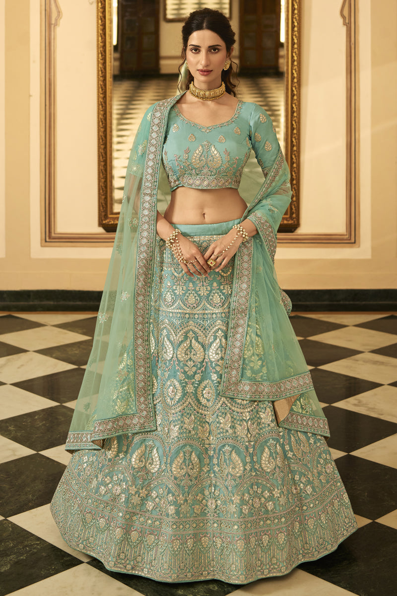 Cyan Color Organza Fabric Heavy Embroidered Wedding Wear Lehenga Choli