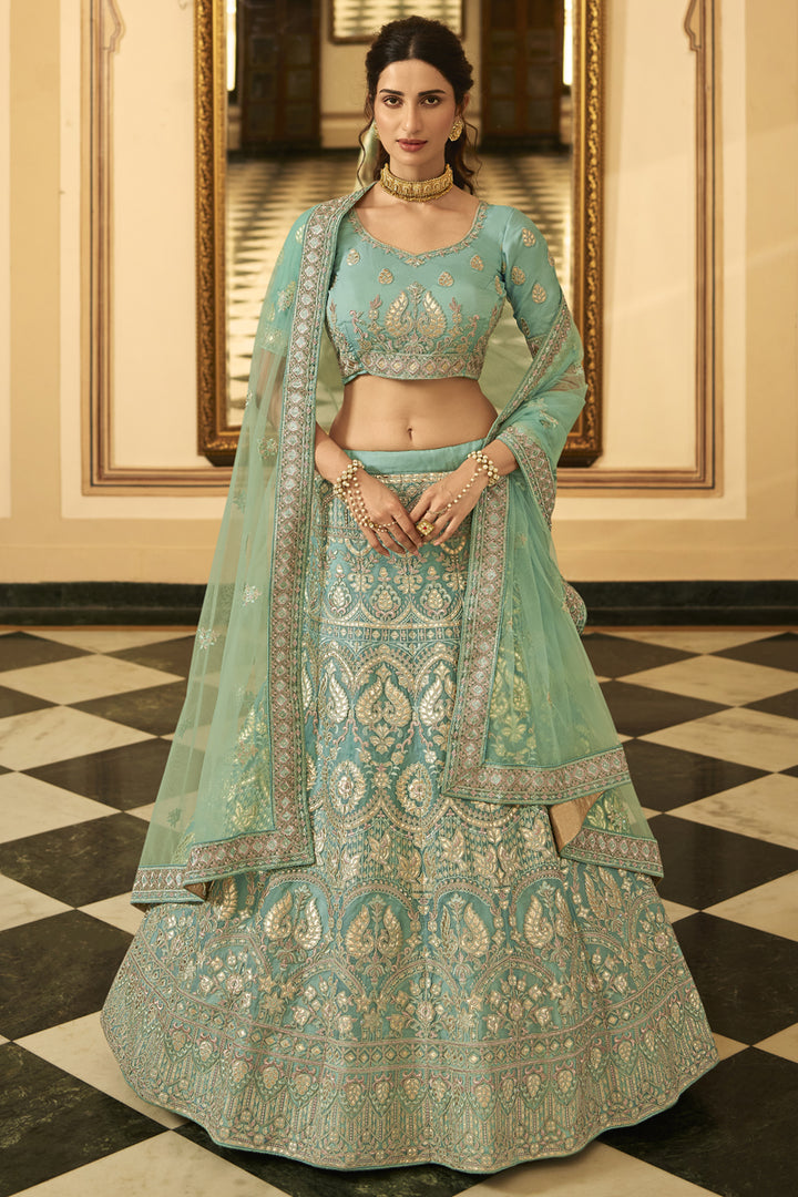 Cyan Color Organza Fabric Heavy Embroidered Wedding Wear Lehenga Choli