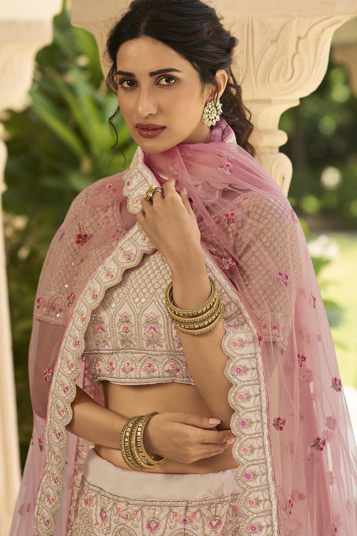 Pink Color Crepe Fabric Wedding Wear Embroidered Lehenga Choli