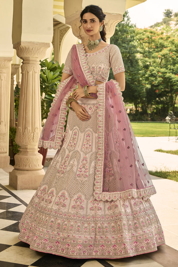 Pink Color Crepe Fabric Wedding Wear Embroidered Lehenga Choli