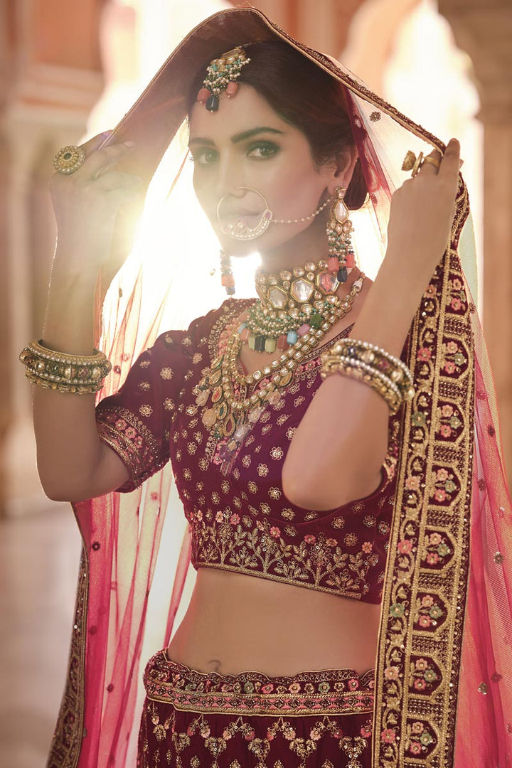 Function Wear Velvet EmbroideMaroon Maroon Lehenga