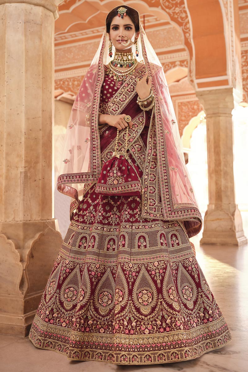 Function Wear Velvet EmbroideMaroon Maroon Lehenga