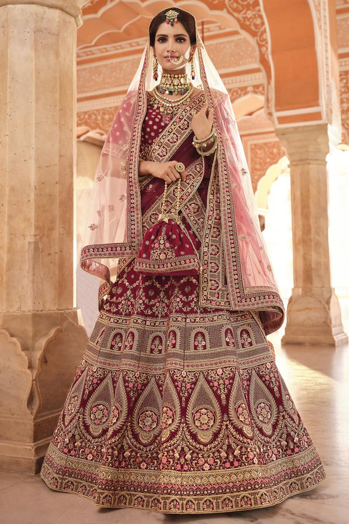 Function Wear Velvet EmbroideMaroon Maroon Lehenga