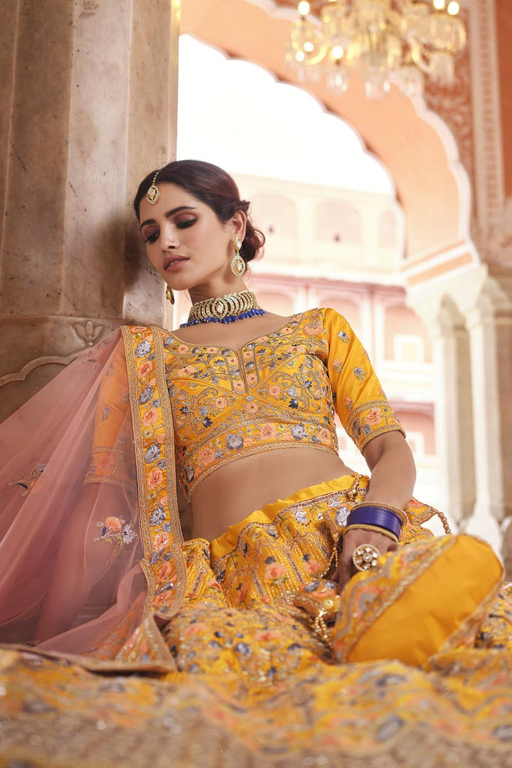 Function Wear Crepe Yellow EmbroideYellow Lehenga