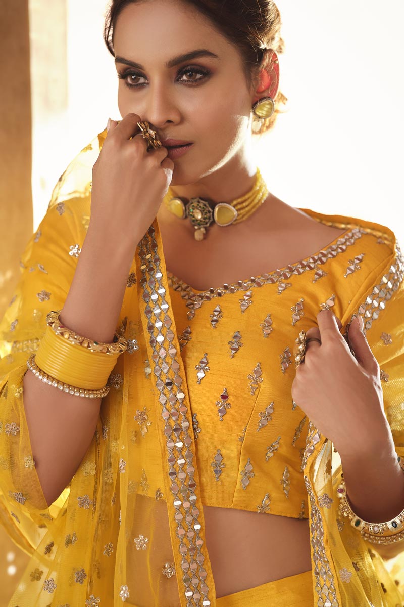 Function Wear Yellow EmbroideYellow Lehenga In Art Silk