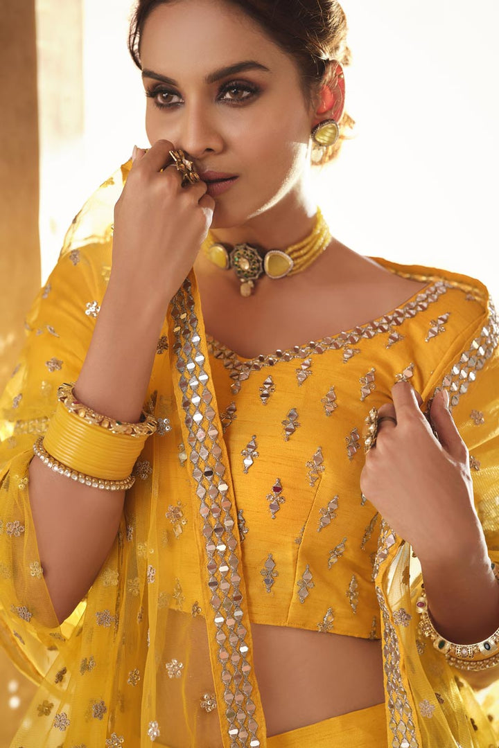 Function Wear Yellow EmbroideYellow Lehenga In Art Silk
