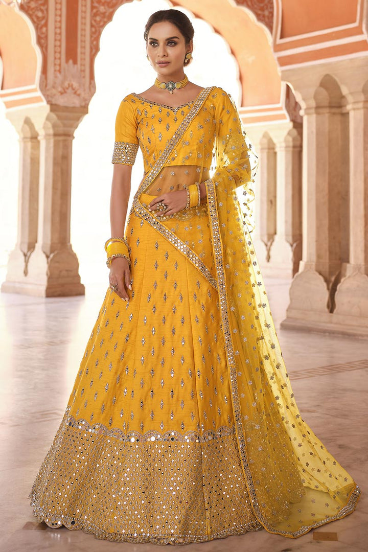 Function Wear Yellow EmbroideYellow Lehenga In Art Silk