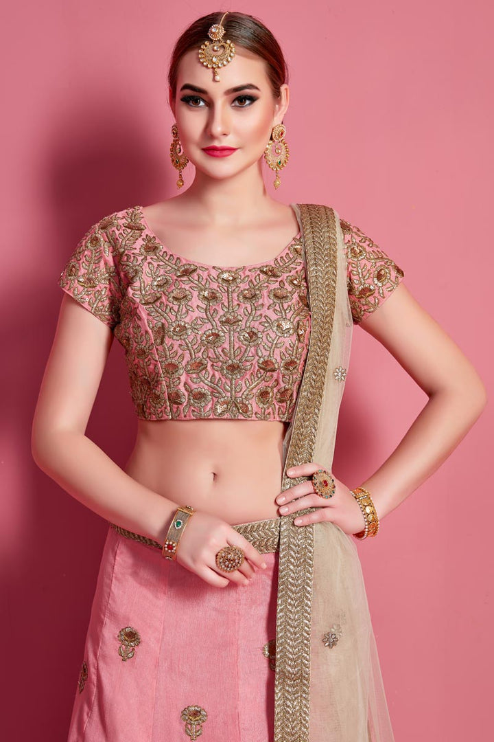 Pink Color Art Silk Fabric Sangeet Wear Lehenga