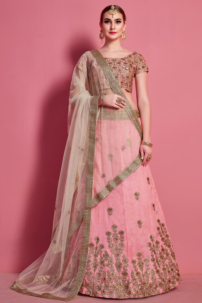 Pink Color Art Silk Fabric Sangeet Wear Lehenga