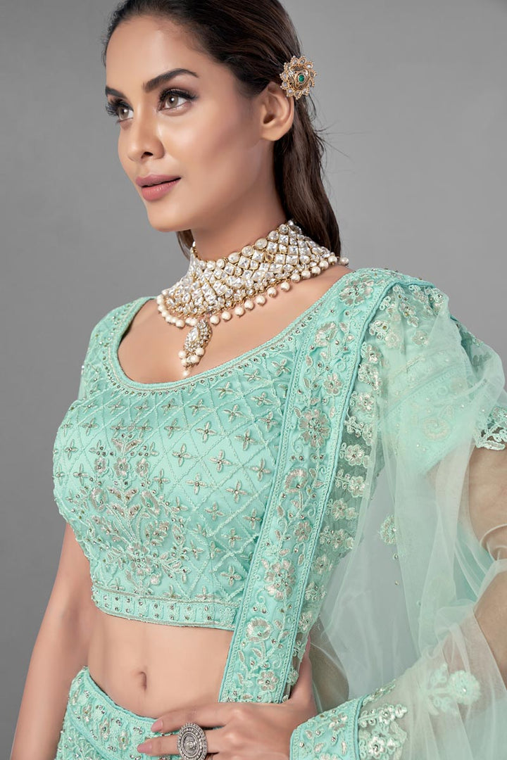 Sea Green Color Net Fabric Sangeet Wear Thread Embroidered Lehenga Choli