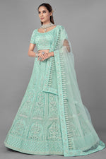 Load image into Gallery viewer, Sea Green Color Net Fabric Sangeet Wear Thread Embroidered Lehenga Choli
