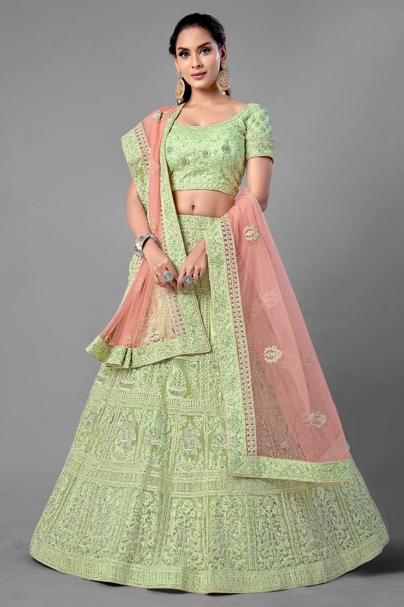 Sea Green Color Thread Embroidered Net Fabric Wedding Wear Lehenga Choli