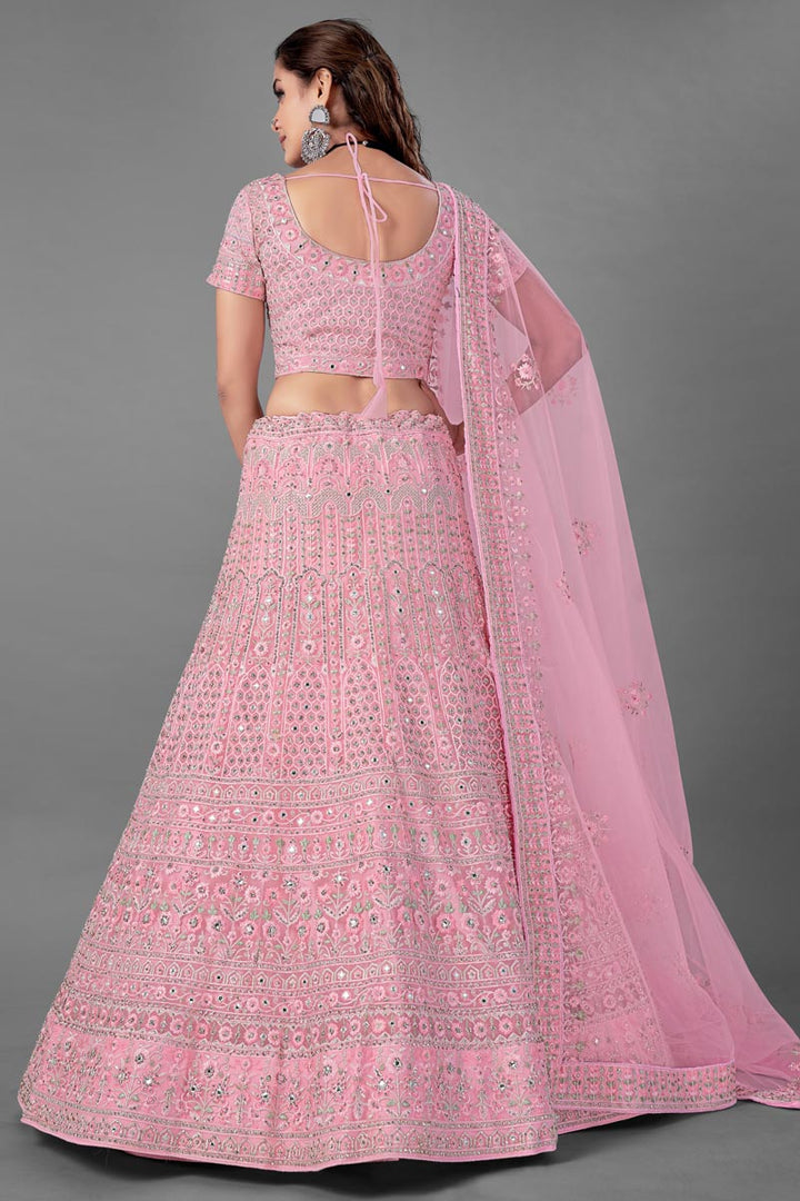 Thread Embroidered Designs Net Fabric Pink Color Wedding Wear Lehenga Choli