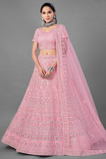 Load image into Gallery viewer, Thread Embroidered Designs Net Fabric Pink Color Wedding Wear Lehenga Choli
