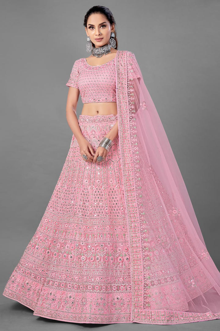 Thread Embroidered Designs Net Fabric Pink Color Wedding Wear Lehenga Choli