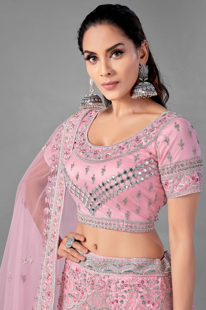 Pink Color Designer Thread Embroidered Lehenga Choli In Net Fabric