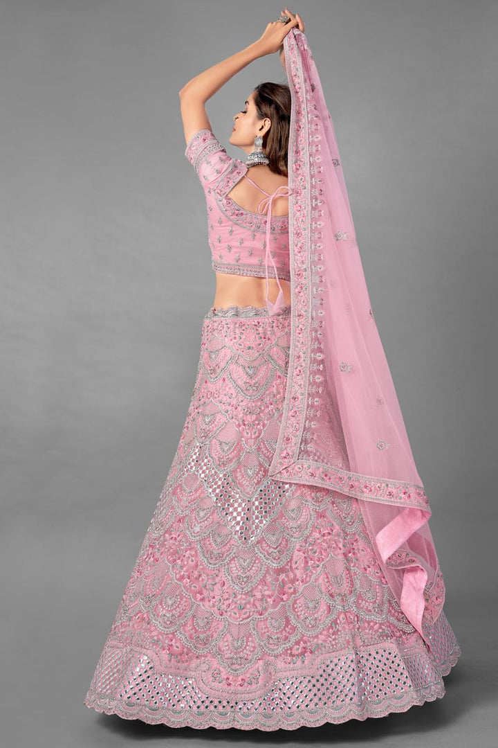 Pink Color Designer Thread Embroidered Lehenga Choli In Net Fabric