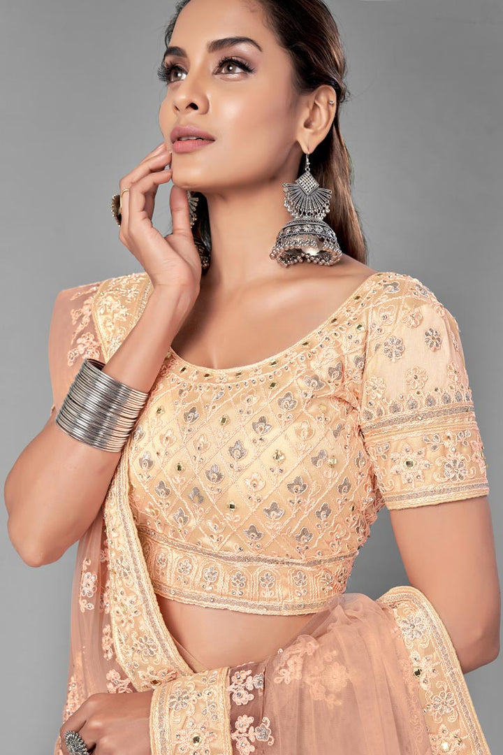 Peach Color Net Fabric Wedding Wear Thread Embroidered Lehenga Choli