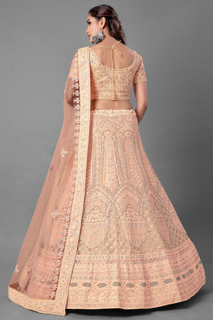 Peach Color Net Fabric Wedding Wear Thread Embroidered Lehenga Choli