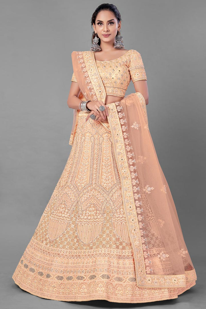 Peach Color Net Fabric Wedding Wear Thread Embroidered Lehenga Choli
