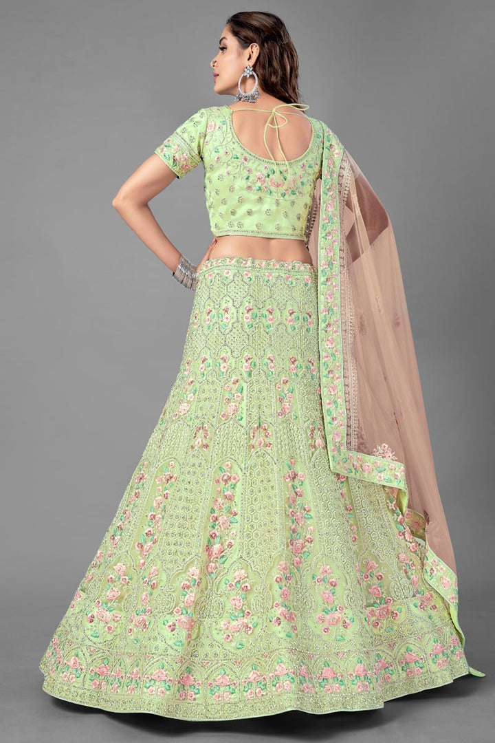 Thread Embroidered Sea Green Color Net Fabric Sangeet Wear Lehenga Choli