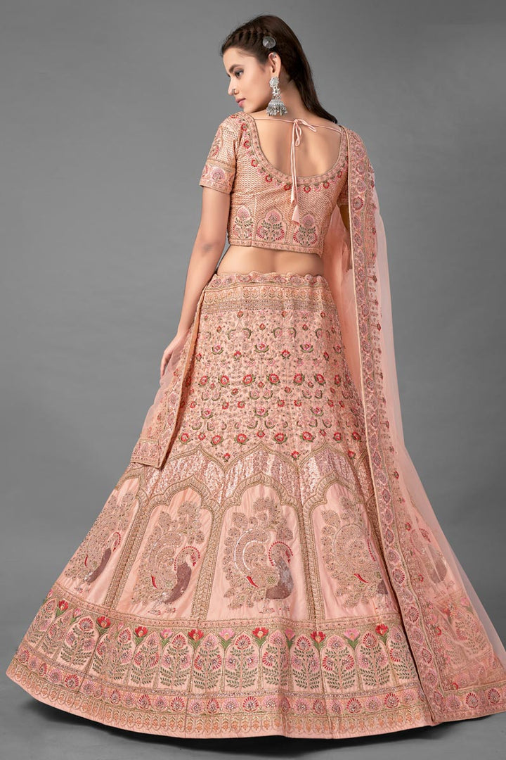 Peach Color Satin Fabric Sangeet Wear Thread Embroidered Lehenga Choli