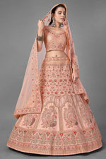 Load image into Gallery viewer, Peach Color Satin Fabric Sangeet Wear Thread Embroidered Lehenga Choli
