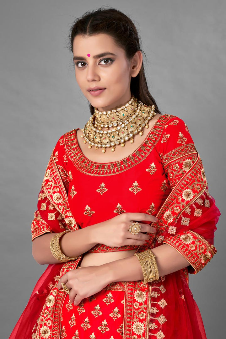 Red Color Thread Embroidered Satin Fabric Wedding Wear Lehenga Choli