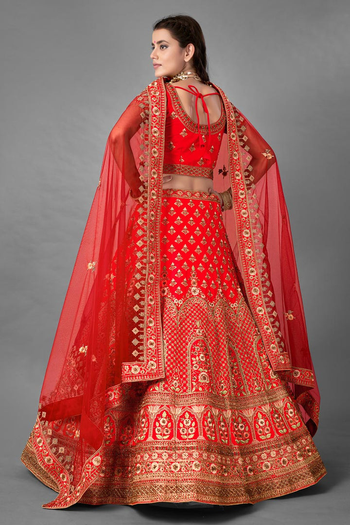 Red Color Thread Embroidered Satin Fabric Wedding Wear Lehenga Choli