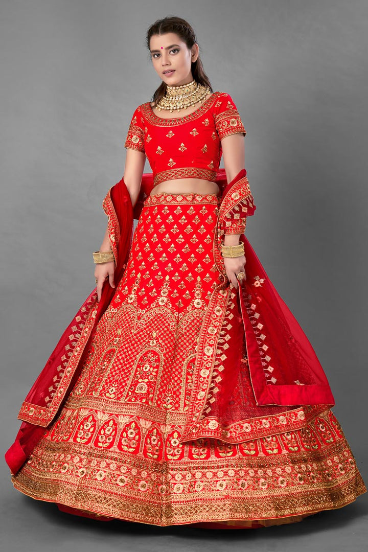 Red Color Thread Embroidered Satin Fabric Wedding Wear Lehenga Choli